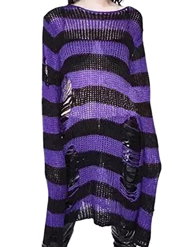 Zhiyouni Punk Gothic Sweater for Women Men Hollow Out Loose Knit Pullover Tops - Purple - Medium