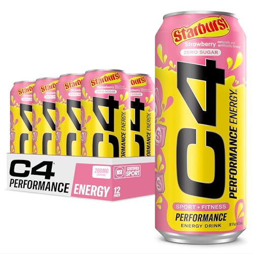 C4 Performance Energy Drink, STARBURST™ Strawberry, Sugar Free Pre Workout Carbonated Drink with no Artificial Colors or Dyes, (16 fl. oz Pack of 12) - Starburst Strawberry - 16 Fl Oz (Pack of 12)
