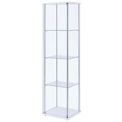 Bowery Hill 4 Shelf Glass Display Case Cabinet with Chrome Support Beams and White Top/Base - White,chrome