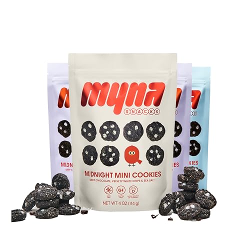 Myna Snacks Midnight Mini Cookies - 4 Pack - 28 Cookies Per Pack - Gluten Free, Dairy Free Deep Chocolate Cookies with White Chips - 4oz (Pack of 4)