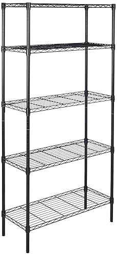 Amazon Basics 5-Shelf Adjustable Heavy Duty Steel Wire Rack Storage Shelving Organizer for Kitchen, Garage, 36" L x 14" W x 72" H, Black - 5-Shelf - No Wheels - Black