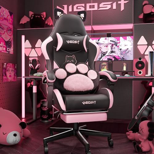 Vigosit Cute Gaming Chair with Cat Paw Lumbar Cushion and Cat Ears, Ergonomic Computer Chair with Footrest, Reclining PC Game Chair for Girl, Teen, Kids, Black Pink - Black