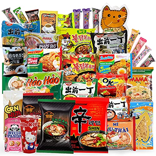 INFINITEESHOP Asian Instant Ramen Noodles Variety Pack with Sardines & Free Snacks, Samyang, Mee-Jang, Mama, Hai Tom, Mi Sedaap | 12 Pack Assorted | Student Care Package