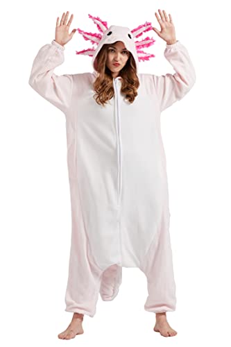 DELEY Unisex Adult Animal Pajamas Warm Sleepwear Onesies Pajamas Halloween Cosplay Homewear Anime Costume - L: Height:171-180cm/67.3"-70.8" - Axolotl