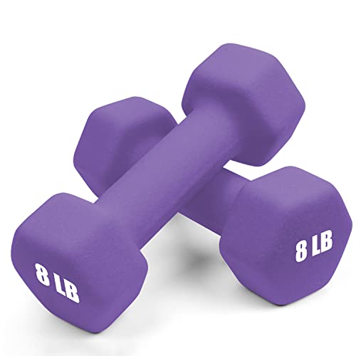 Portzon 10 Colors Options Compatible with Set of 2 Neoprene Dumbbell,1-15 LB, Anti-Slip, Anti-roll, Hex Shape - Purple - 08-Pound, Pair
