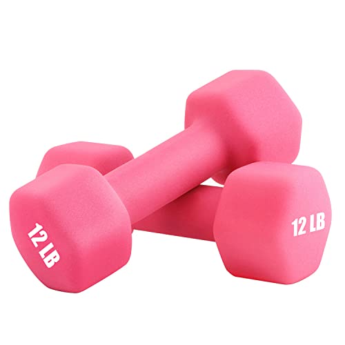 Portzon Weights Dumbbells 10 Colors Options Compatible with Set of 2 Neoprene Dumbbells Set,1-15 LB, Anti-Slip, Anti-roll, Hex Shape - Pink - 12-Pound, Pair