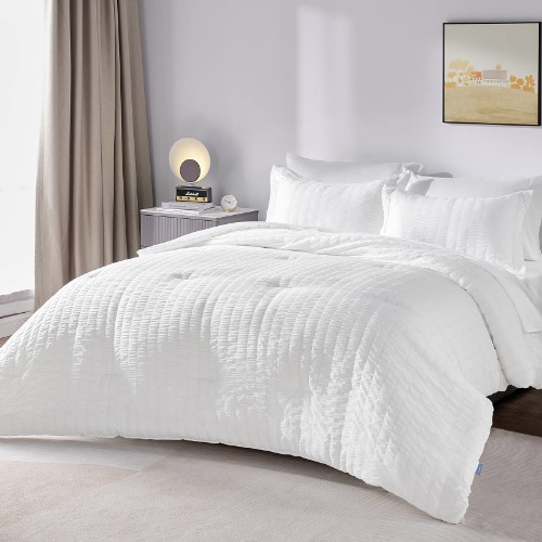 CozyLux Full/Queen Bed in a Bag White Seersucker Comforter Set with Sheets 7-Pieces All Season Bedding Sets with Comforter, Pillow Sham, Flat Sheet, Fitted Sheet and Pillowcase