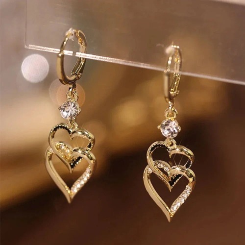 Double Heart Layer Dropped Earrings - Gold