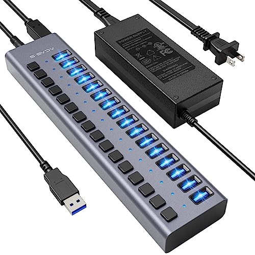 90W Powered USB Hub - ACASIS 16 Ports USB 3.0 Data Port, Aluminum Housing, Individual On/Off Switches, 12V/7.5A Power Adapter, 5Gbps High Speed, USB Charging Hub for Laptop, PC, Computer, Printer - 16 Ports