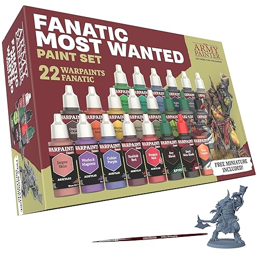 The Army Painter Warpaints Fanatic Most Wanted Combo Set, 22 paints - 16 Acrylic Colours, 2 Metallics, 2 Effects, 1 Wash, 1 Brush-On Primer, 1 Free Miniature Figure & Brush