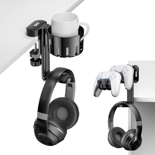 KDD Rotatable Headphone Hanger - 3 in 1 Under Desk Clamp Controller Stand Replaceable Cup Holder - Compatible with Universal Headset, Controller, Cup
