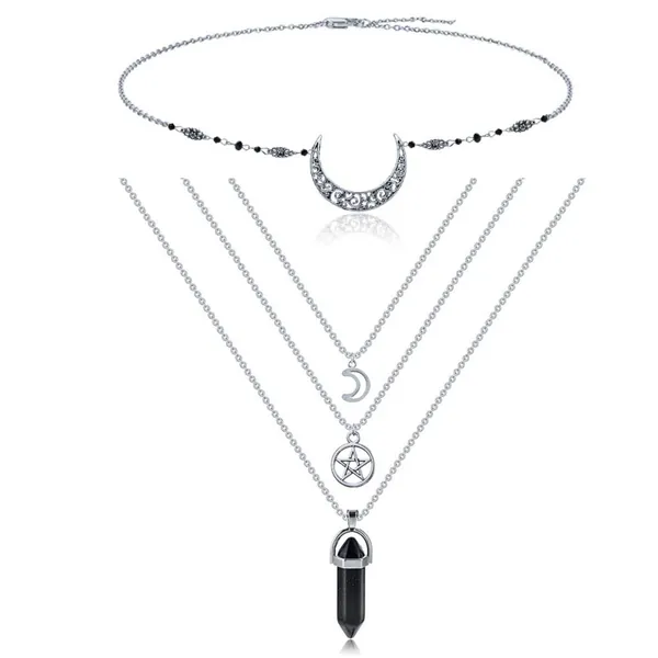 MJARTORIA Moon Pentagram Necklace Multi layer Necklace Gothic Charm Pendant Alloy Necklace Set for Women Girl Valentine's Day Mothers Day Gifts