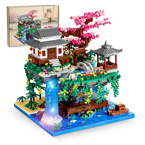 NEWABWN Peach Blossom Pond Micro Mini Building Blocks Set for Adults and Kids, Chinese Architecture Cherry Bonsai Gift Toys with String Lights, Japanese Sakura Tree House Micro Bricks (3320PCS)