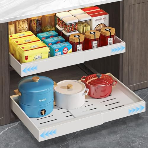 ByNaRIX Pull Out Cabinet Organizer,Expandable Slide Out Drawer for Kitchen Cabinet No Drill Roll Out Cabinet Shelf with Adhesive Nano Film for Pantry Bathroom Adjustable Width 12.2"-20.5" White 1 Pack - 12.2"-20.5"Wide x 16.5"Deep(1Pack) - White