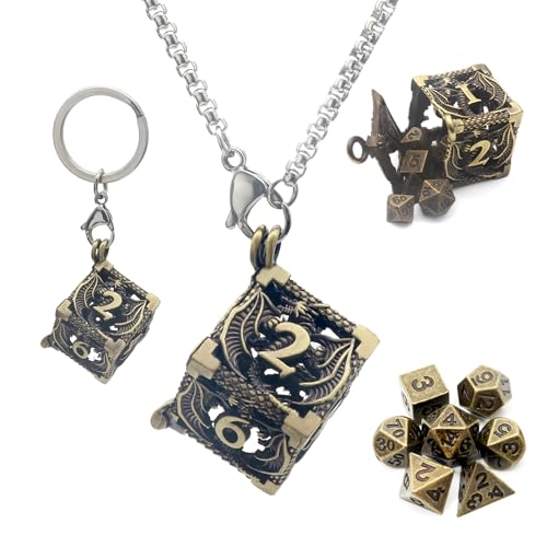 Haxtec Mini Metal DND Dice Set with Hollow Necklace Dice Case Antique Tiny Metal Dice Set D&D Keychain Portable 7PCS Dice Set - Antique Brass