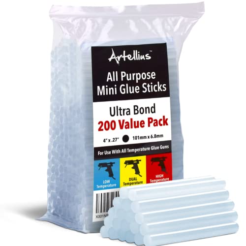Artellius Mini Hot Glue Sticks (HUGE BULK PACK of 200) 4" and 0.27 Diameter - Compatible with Most Glue Guns - Paquet de 200