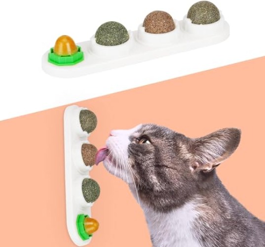 SINROBO Catnip Ball for Cats Wall, 4 Pack Catnip Toys, Silvervine Balls, Edible Kitty Toys for Cats Lick, Safe Healthy Kitten Chew Toys, Teeth Cleaning Dental Cat Toys, Cat Wall Treats (White) - White