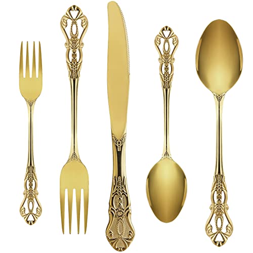 Gold Silverware Set for 4, Stainless Steel Gorgeous Retro Royal Flatware Set, 20-Pieces Cutlery Tableware set, Kitchen utensils set Include Spoons And Forks Set, Mirror Finish, Dishwasher Safe - Gold Mirror - Service For 4