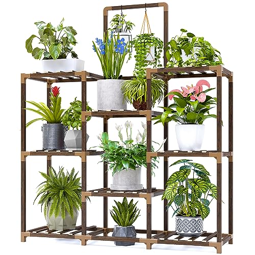 EnHomee Plant Stand Indoor Large Plant Stands Outdoor Wood Tiered Plant Shelf For Multiple Plants, Tall Plant Stand 5 Tiers with 8 Potted Plant Holder Tables Large Plant Rack, 34.3"W x 11.8"D x 47.2"H - 3 Rows