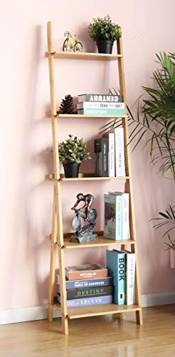 HYNAWIN Corner Ladder Shelf Storage Shelving, 5 Tier Books/CDs/Albums/Files Holder in Living Room Home Office,Simple Assembly - Yellow