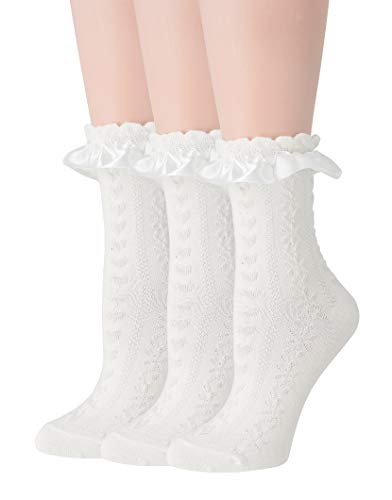 SRYL Women Ankle Socks, Lace Ruffle Frilly Comfortable Cotton Socks Fashion Ladies Girl Princess Cute socks - 3 Pairs-white