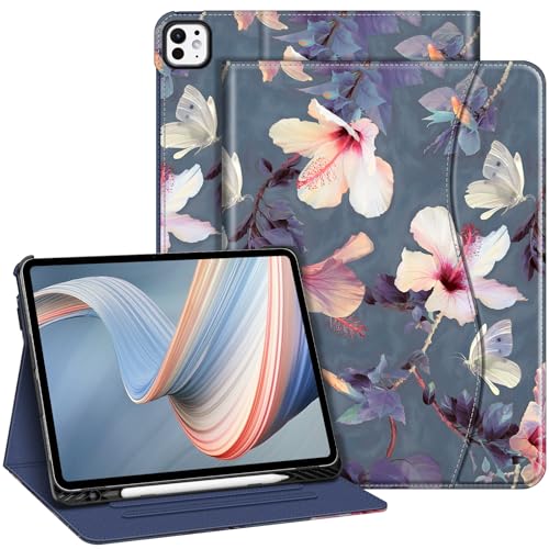 Fintie Folio Case for iPad Pro 13-inch (M4) 2024, Multi-Angle Viewing Protective Stand Cover with Pencil Holder & Pocket, Auto Sleep/Wake, Blooming Hibiscus - blooming hibiscus