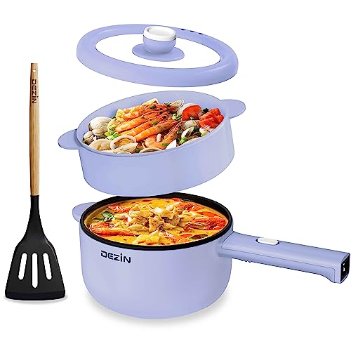 Dezin Electric Cooker, 2L Non-Stick Sauté Pan, Rapid Noodles Cooker, Mini Pot for Steak, Egg, Fried Rice, Ramen, Oatmeal, Soup with Power Adjustment, College Dorm Room Essential(Egg Rack Included) - H(Purple/with Steamer)
