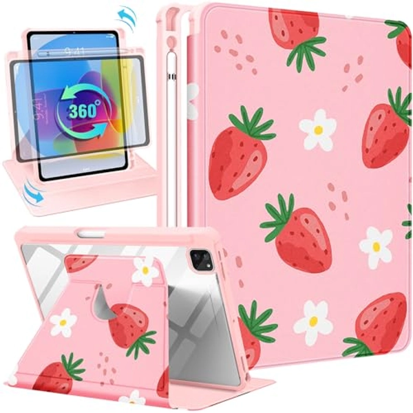 Uppuppy for iPad Pro 12.9 Case Folio Cover with Pencil Holder Girls Women Kids Cute Girly Pink Strawberry Kawaii Teens Flower Rotating Stand for Apple iPad Pro 12.9 Inch Cases 2022/2021/2020/2018