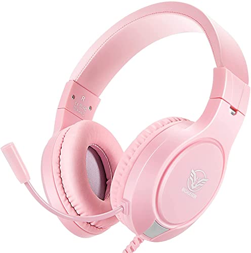 Pink Gaming Headset for Nintendo Switch, Xbox One, PS4,PS5, Bass Surround and Noise Cancelling with Flexible Mic, 3.5mm Wired Adjustable Over-Ear Headphones for Laptop PC iPad Smartphones - Pink