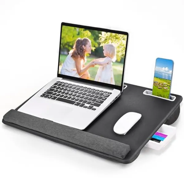Bivemetn Lap Desk with Wrist Rest - Fits up to 17 inches Laptop Desk - Full PU - Built in Full Mouse Pad with Storage Drawer for Notebook,Mac,Laptop, Tablet, Phone Holder