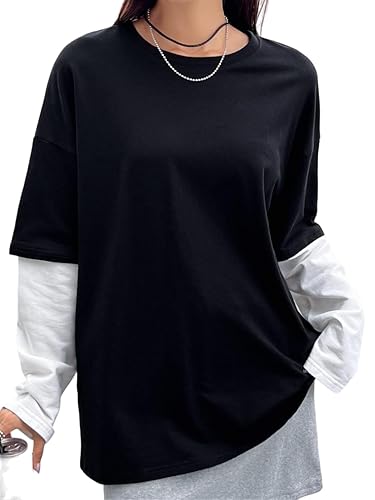 SOLY HUX Women's Oversized T Shirts 2 in 1 Colorblock Long Sleeve Tees Casual Trendy Tops Fall Clothes - Large - Black and White