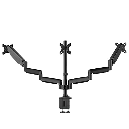 UPGRAVITY Triple Monitor Stand, 3 Monitor Desk Mount for Three Flat/Curved Computer Screens up to 32”, Heavy-Duty Double C-Clamp Base, Fully Adjustable Gas Spring Monitor Arms Hold up to 30.9lbs Each - 32 inch