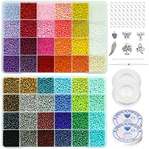 Bala&Fillic Size 3mm 8/0 Glass Seed Beads, 48 Colors in Box About 16800pcs with Elastic String and Beading Needles - 48 Colors -3mm - 3mm -8/0