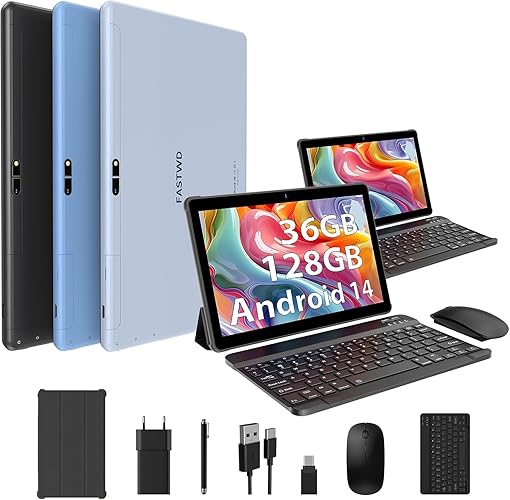 FASTWD 2024 Newest Tablet 10 Pulgadas Tablet Android 14 con 36GB RAM+128GB ROM (1TB TF),Tablet 5G WiFi,GPS,8000mAh,Tablet con Teclado y Raton y Funda,Negro - Negro