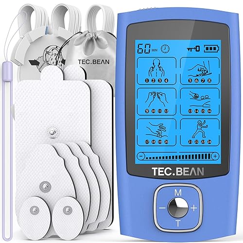 TEC.BEAN 24 Modes Tens Unit Muscle Stimulator, Rechargeable Tens Machine with 8 Electrode Pads (American Gel), Electric Pulse Massager for Pain Relief Therapy（Blue） - Blue