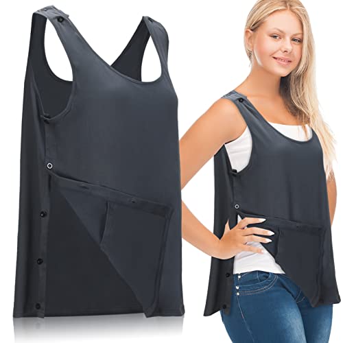 Mastectomy Recovery Tank Top with Drain Pockets Adjustable Loop Fasteners to Hold Drainage Tube Surgical Recovery Tank Top with Internal Pocket Post-Operative Drain Holder for Women (Gray, L) - Gray - L