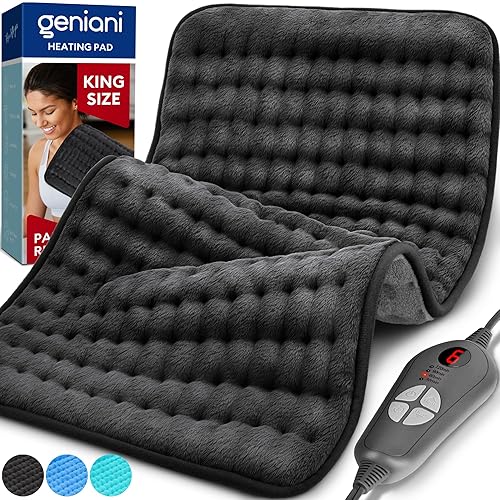 GENIANI Double Sided XL Heating Pad Electric for Lower Back Pain & Period Cramps Relief, Heat Pad with 6 Heat Settings for Neck & Shoulders, Heat Patches (12"x24" Jet Black) - XL 12"x24" - Jet Black/Gray