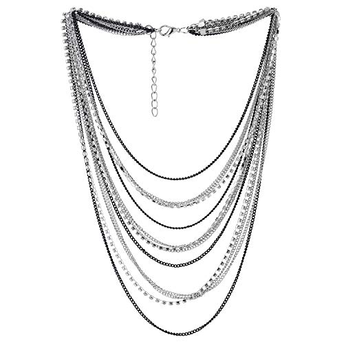 COOLSTEELANDBEYOND Waterfall Multi-Strand Chains Statement Collar Necklace with Rhinestones Chains, Dress - A-Metal Color: Silver & Black
