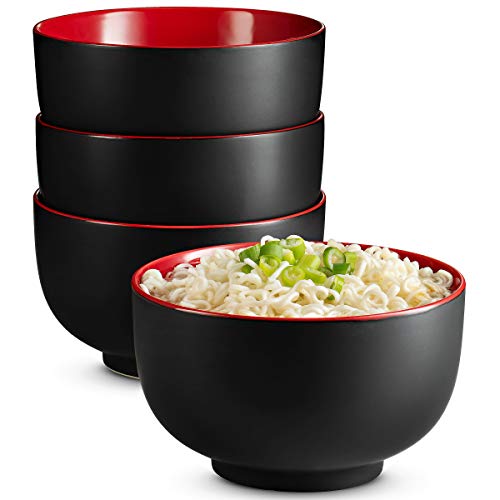 KooK Ceramic Japanese Noodle Bowl Set, Large Capacity, For Ramen, Udon, Soba, Pho and Soup, Microwave and Dishwasher Safe, 34 oz, Set of 4 (Black/Red) - Black/Red