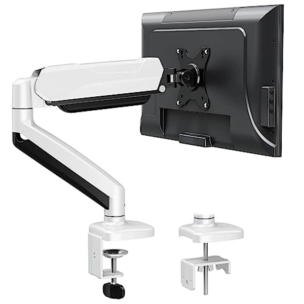 MOUNTUP Single Monitor Desk Mount, Adjustable Gas Spring Monitor Arm, Support Max 32 Inch, 4.4-17.6lbs Screen, Computer Monitor Stand with Clamp/Grommet Mounting Base, VESA Mount Bracket, White