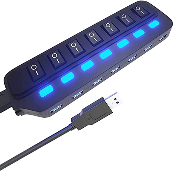 USB Hub 3.0 Splitter,7 Port USB Data Hub with Individual On/Off Switches and Lights for Laptop, PC, Computer, Mobile HDD, Flash Drive and More