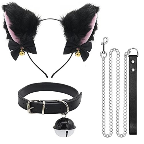 Cat Ears Headband,Heart Leather Goth Choker Necklace,Adjustable Black Lace Ears Headband Accessories,Cosplay Costum for Women - Black 2pcs