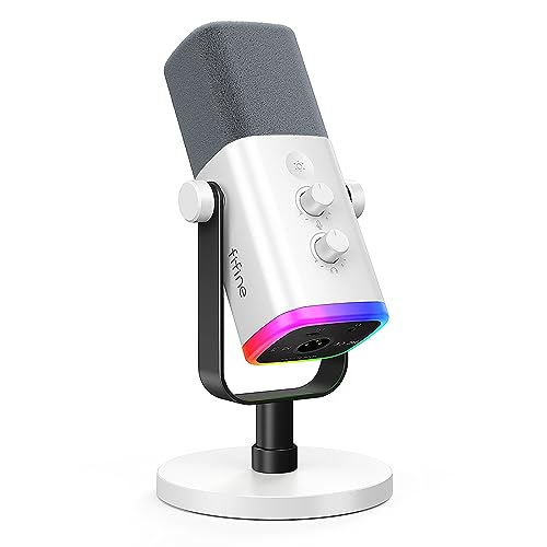 FIFINE XLR/USB Gaming Microphone for Streaming Podcasting, PC Computer RGB Mic, with Gain Knob, Mic Mute, Monitoring Jack, Gamer Mic for Recording Video Creation-AmpliGame AM8 White - White