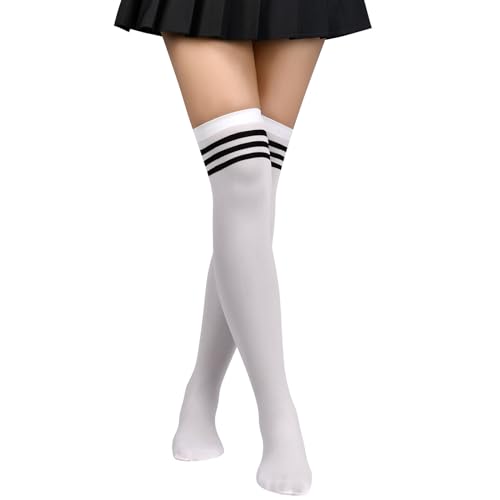 Aomig Damen Overknees Strümpfe, 1 Paar Dünne Einfarbig Gestreifte Lange Kniestrümpfe Mädchen, Lässige Kniehohe Socks für den Alltag, Weihnachten und Halloween Cosplay（Weiße Streifen） - Weiße Streifen