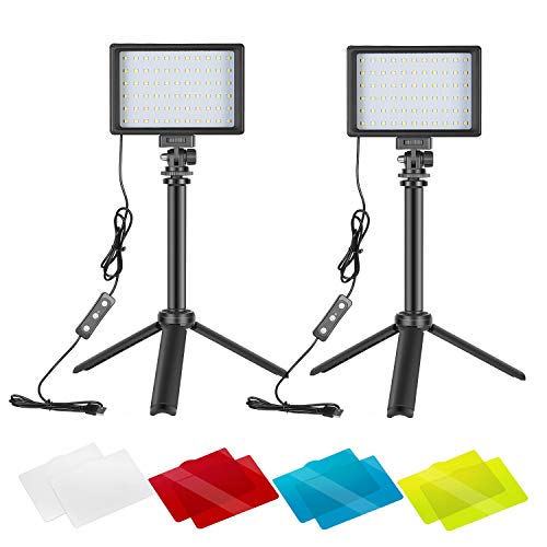 NEEWER 2 Packs Kit Iluminación Fotografía Portátil Regulable 5600K USB 66 Luz Video LED con Mini Trípode Ajustable Filtros Color para Fotografía Mesa/Angulo Bajo Video Estudio