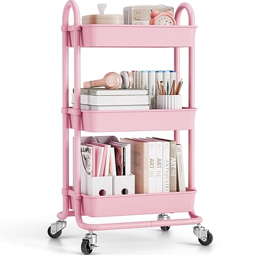 TOOLF 3-Tier Rolling Utility Cart, Utility Cart with Wheels – Portable Storage Organizer for Makeup, Baby Essentials, Kitchen, and Office Use (Regular Pink) - Regular Pink
