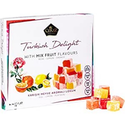 Cerez Pazari Turkish Delight with Rose, Orange and Lemon Mix Flavours 16 Oz Gourmet Medium Size Snacks Gift Box, No Nuts Sweet Traditional Confectionery Vegan Candy Dessert Lokum Loukoumi Approx.42Pcs