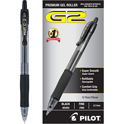 Pilot, G2 Premium Gel Roller Pens, Fine Point 0.7 MM, Black, Pack of 12 (Dozen Box) - Black Ink