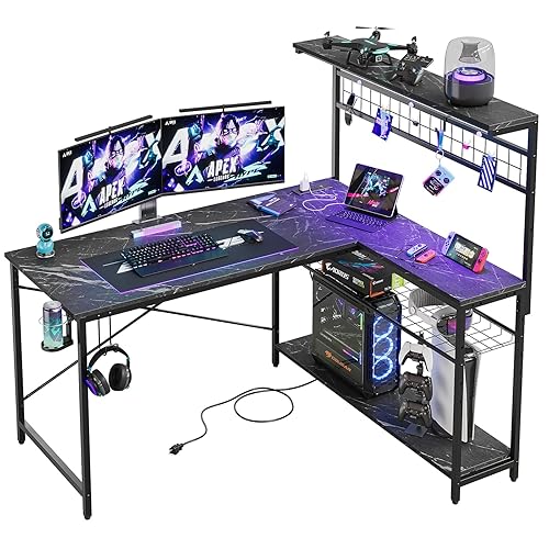 Bestier Gaming Desk 51" L-Shaped, with Power Outlets & LED Lights- 4 Tier Shelves, Reversible Gamer Table with Hooks & Cup Holder for Home Office Black Marble - Black Marble - 51 Inch
