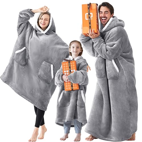 EHEYCIGA Wearable Blanket Hoodie with Pockets and Sleeves, Flannel Fleece Hooded Blanket for Women Men Adults and Kids - Grey - Regular Oversize